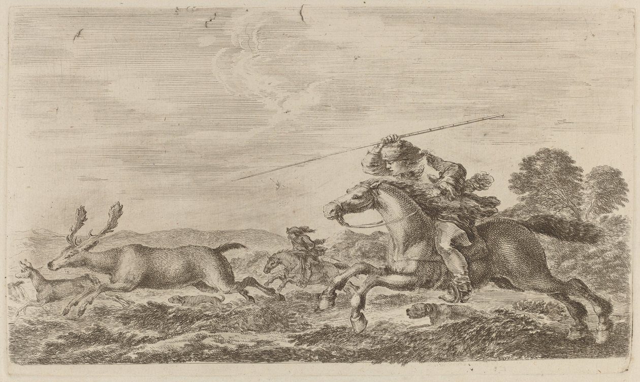 Cerf chassé par deux cavaliers - Stefano della Bella
