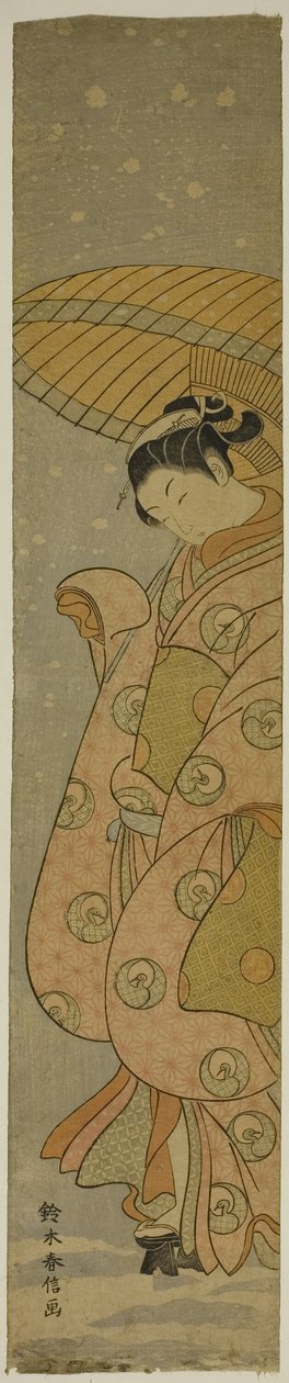 Beauté sous un parapluie dans la neige - Suzuki Harunobu
