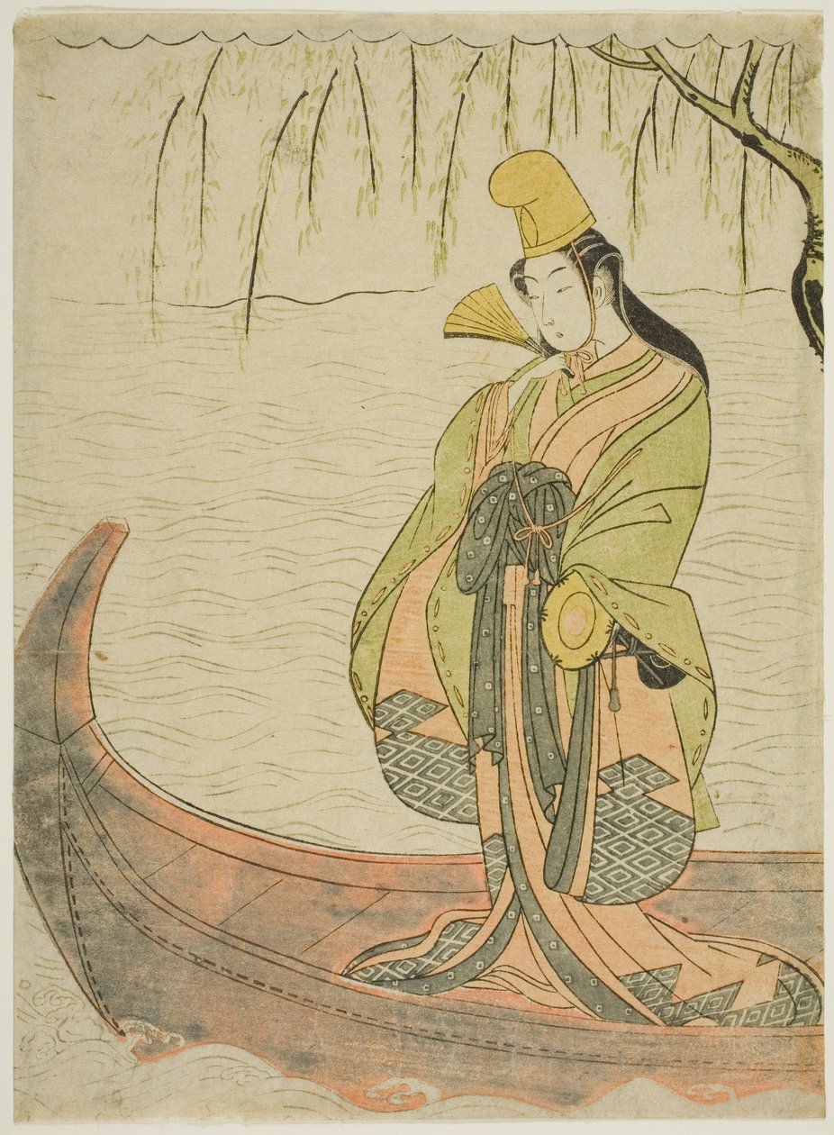 Danseuse Shirabyoshi debout dans le bateau Asazuma - Suzuki Harunobu