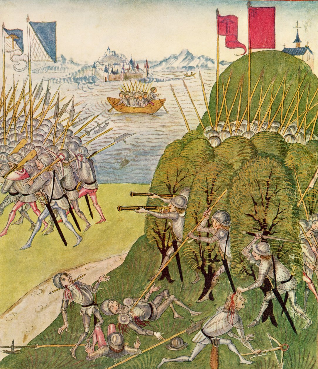Soldats armés de fusils, lances et arbalètes, tiré de la Chronique de Berne, par Diebold Schilling l