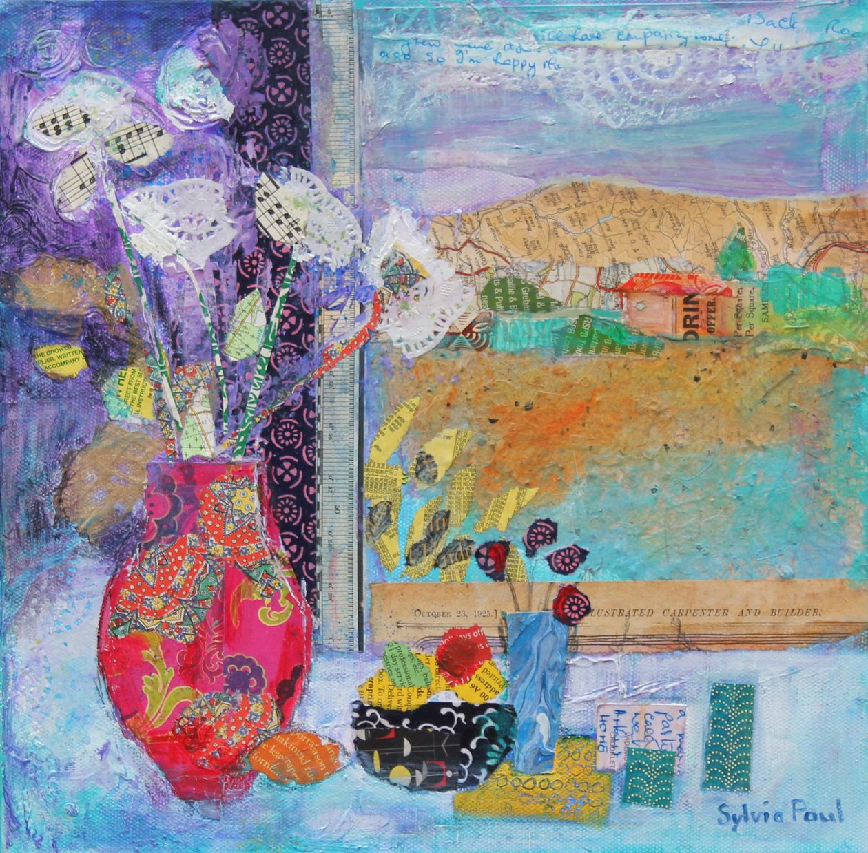 Fleurs à la fenêtre 2014, collage acrylique sur papier - Sylvia Paul