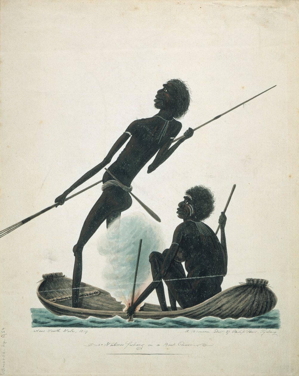 Autochtones pêchant dans un canoë en écorce, 1819 - T.R. Browne