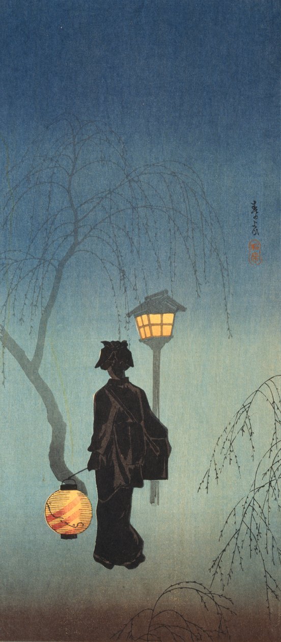 Femme avec une lanterne un soir de printemps - Shōtei Takahashi