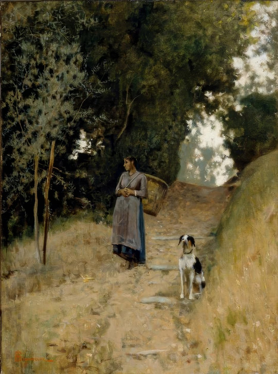 Paysanne avec panier et chien - Telemaco Signorini