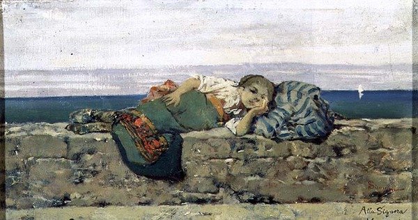 Jeune paysanne allongée sur un parapet - Telemaco Signorini