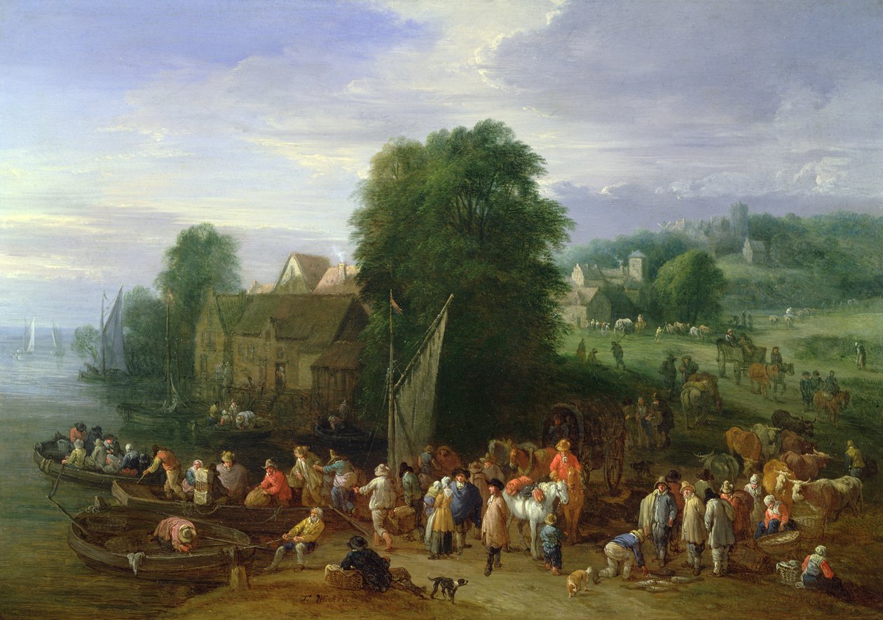 Paysage côtier boisé avec de nombreux paysans et voyageurs à un débarcadère, un village au-delà - Theobald Michau
