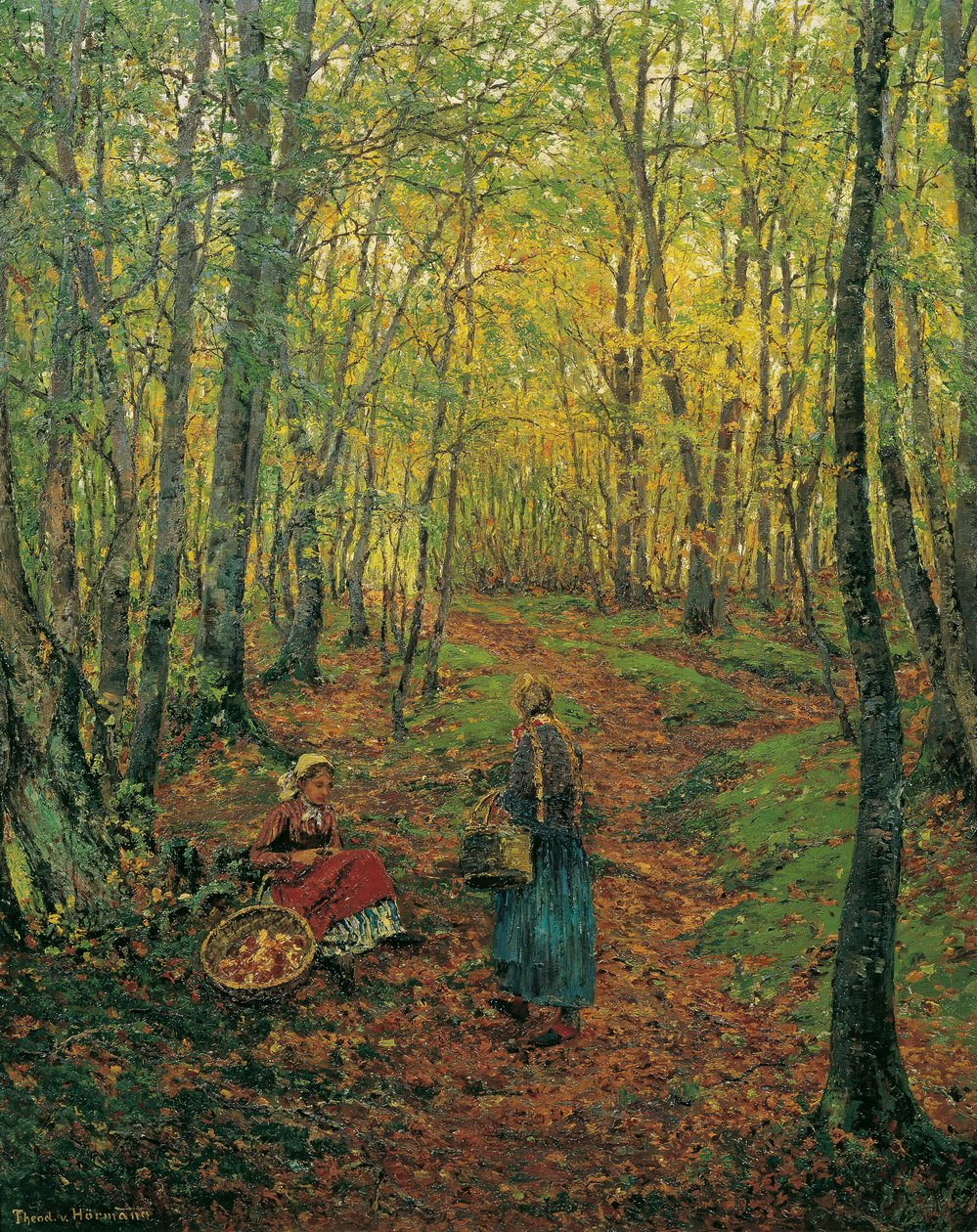 Intérieur de forêt avec une fille cherchant des champignons - Theodor von Hormann