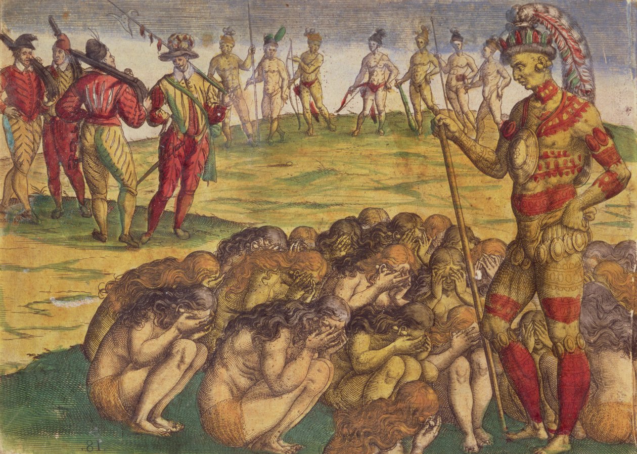 Capture des Aztèques par les colons espagnols, illustration de livre, c.1550 - Theodore de Bry