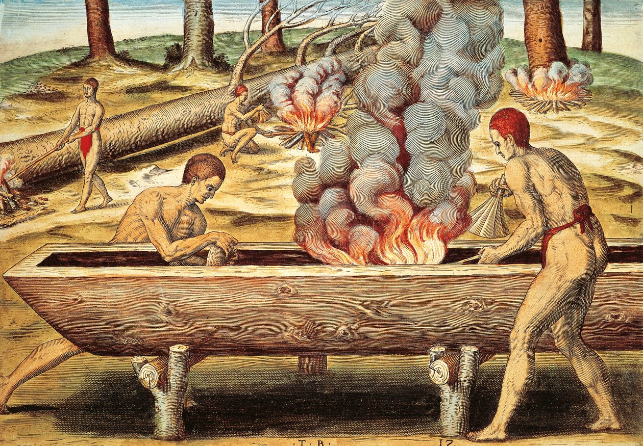 Indigènes de Virginie construisant une pirogue - Theodore de Bry