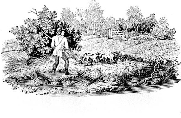 Chasseur avec deux chiens de Land Birds 1797 (gravure sur bois) - Thomas Bewick