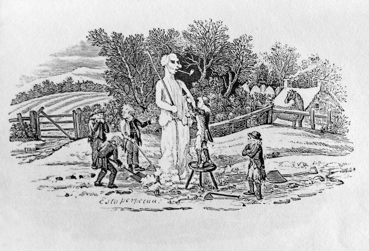 Le bonhomme de neige à Cherryburn (Esto Perpetua), de Land Birds, vers 1797 (gravure sur bois) - Thomas Bewick