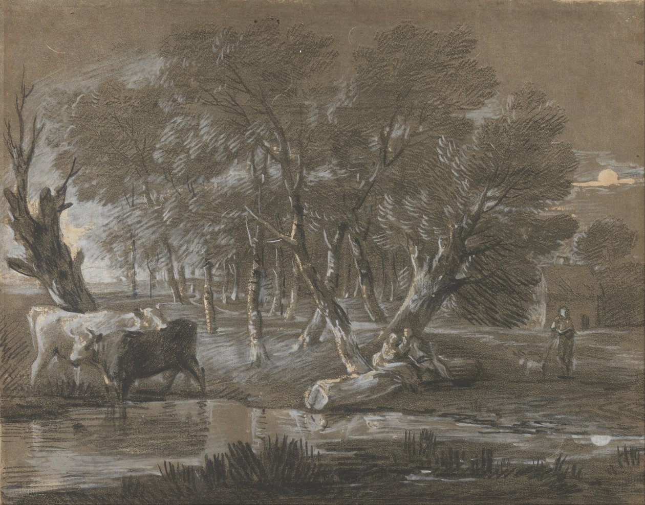 Paysage au clair de lune avec bétail près d