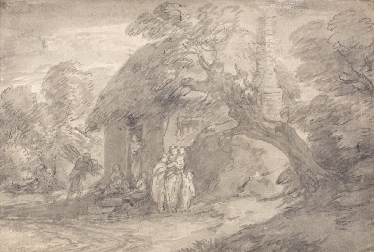 Paysage boisé avec des personnages devant une porte de cottage - Thomas Gainsborough