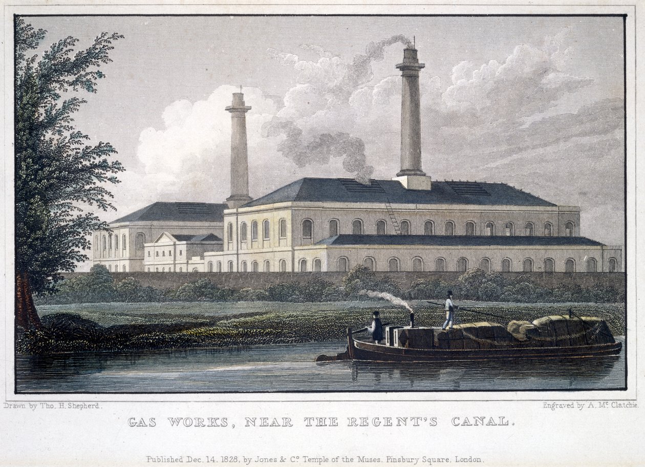 Usines à gaz, près du canal des Régents, gravé par A. McClatchie, 1828 - Thomas Hosmer after Shepherd