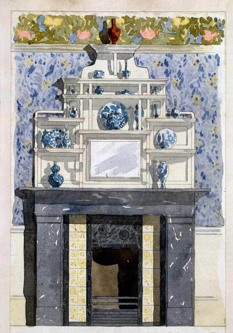Cheminée avec miroir et étagères d