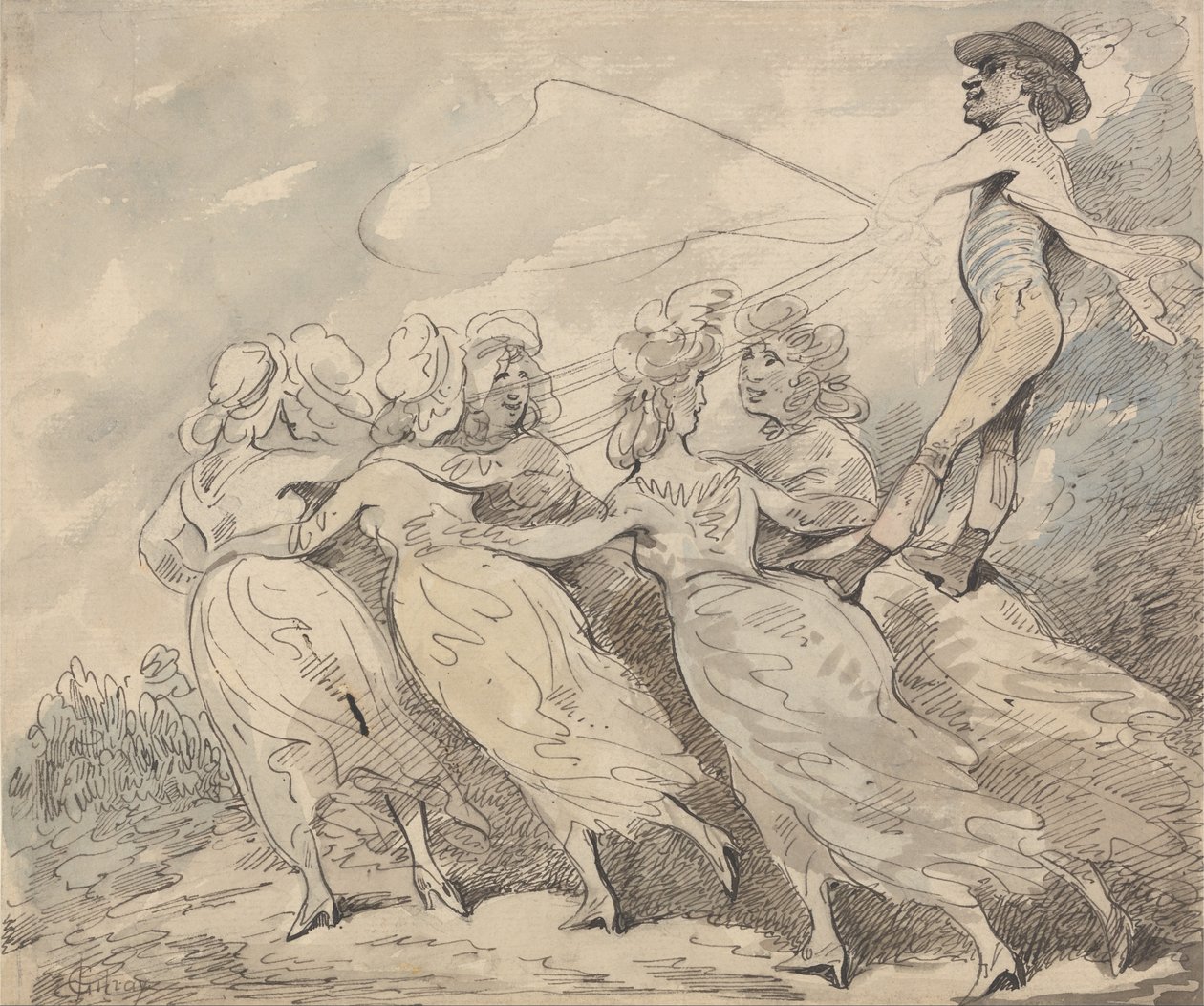 Un homme conduisant une équipe de six filles - Thomas Rowlandson