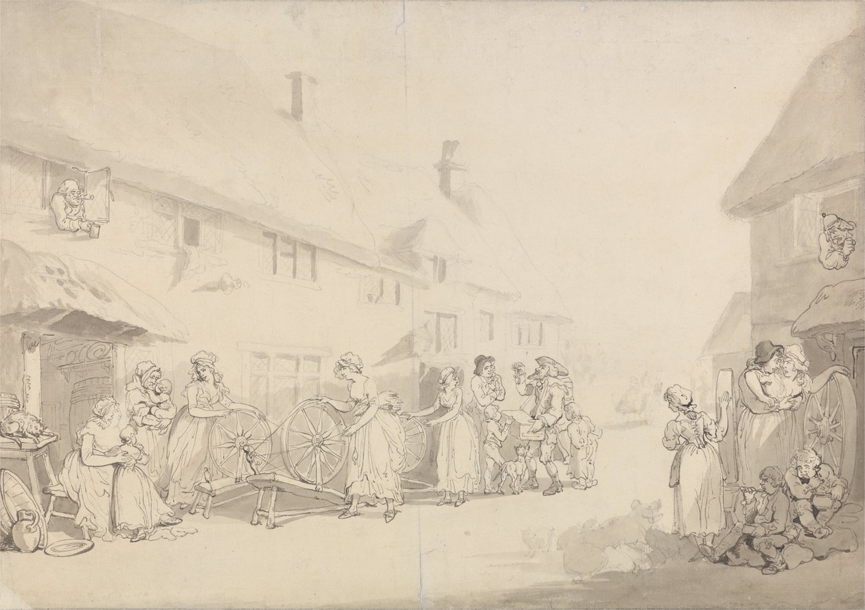 Scène de village avec filles filant - Thomas Rowlandson