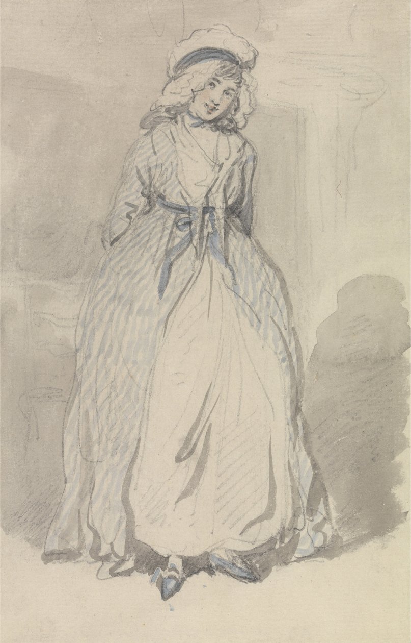 Jeune femme en robe à rayures bleues - Thomas Rowlandson