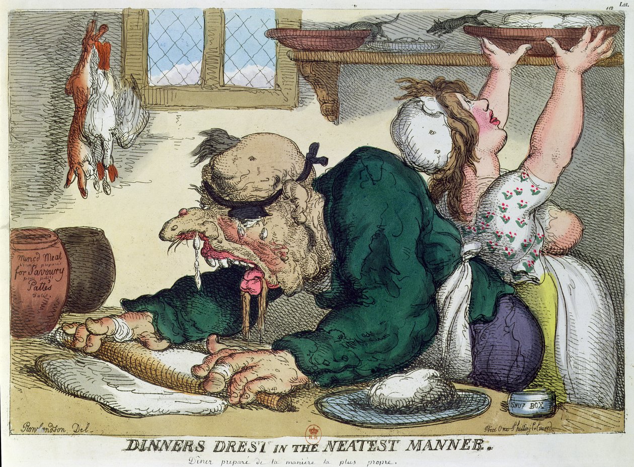 Dîners préparés de la manière la plus soignée, caricature satirique sur l