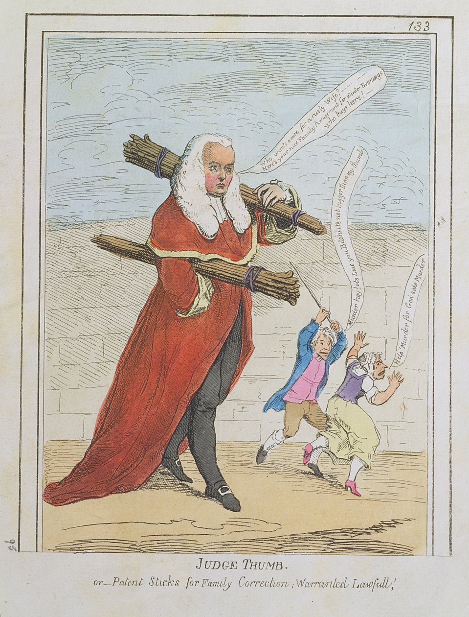 Juge Pouce - ou Bâtons brevetés pour la correction familiale; Garanti légal, caricature du juge Butler, de la Caricature Magazine de Rowlandson, Vol. II, pub. par Thomas Tegg, vers 1782 (impression) - Thomas Rowlandson