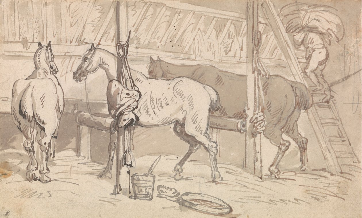 Trois chevaux dans des stalles - Thomas Rowlandson