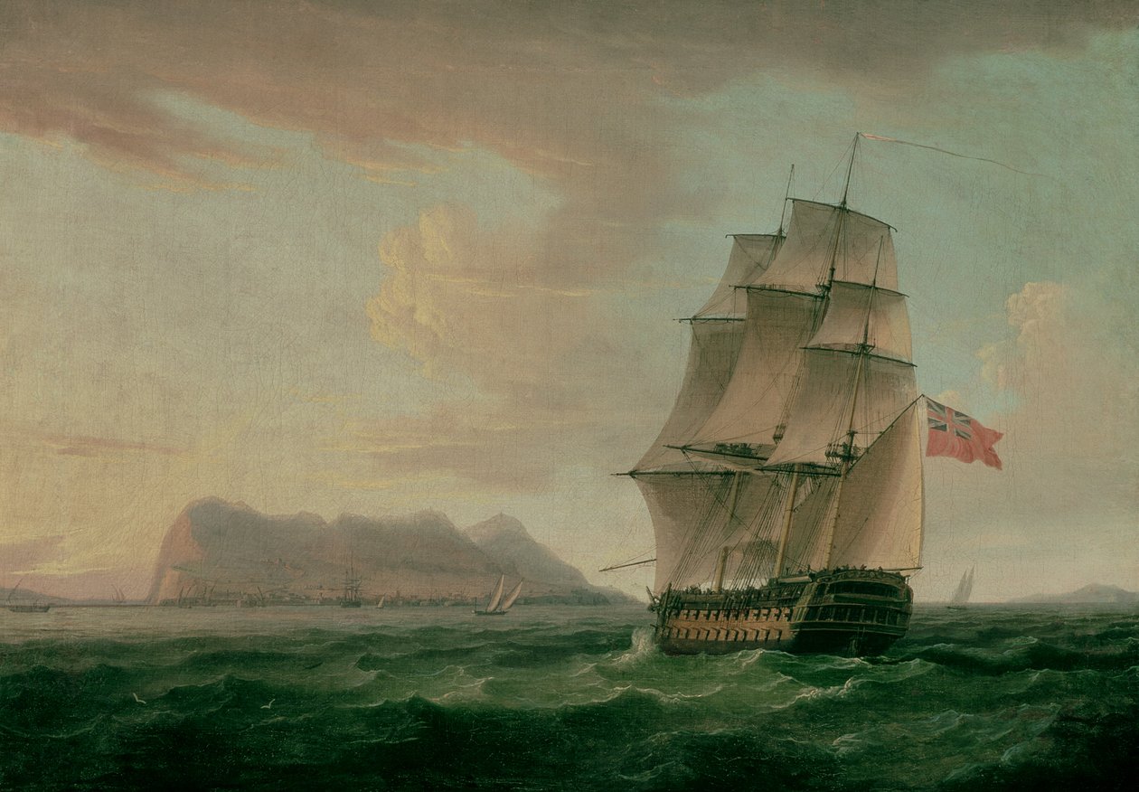 Un navire de guerre britannique devant le rocher de Gibraltar - Thomas Whitcombe