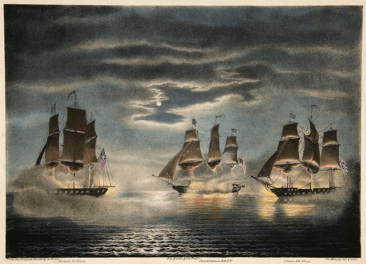Capture des navires H.M. Cyane & Levant, par la frégate américaine Constitution, de Army and Navy Magazine, 1840 - Thomas after Birch