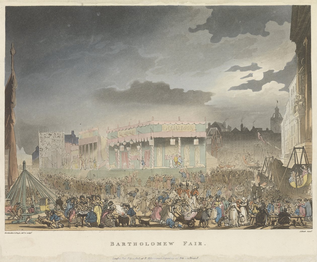 Foire de Bartholomew, de Microcosm of London, or London in Miniature, Vol. I, par Rudolph Ackerman, gravé par J. Bluch - Thomas after Rowlandson
