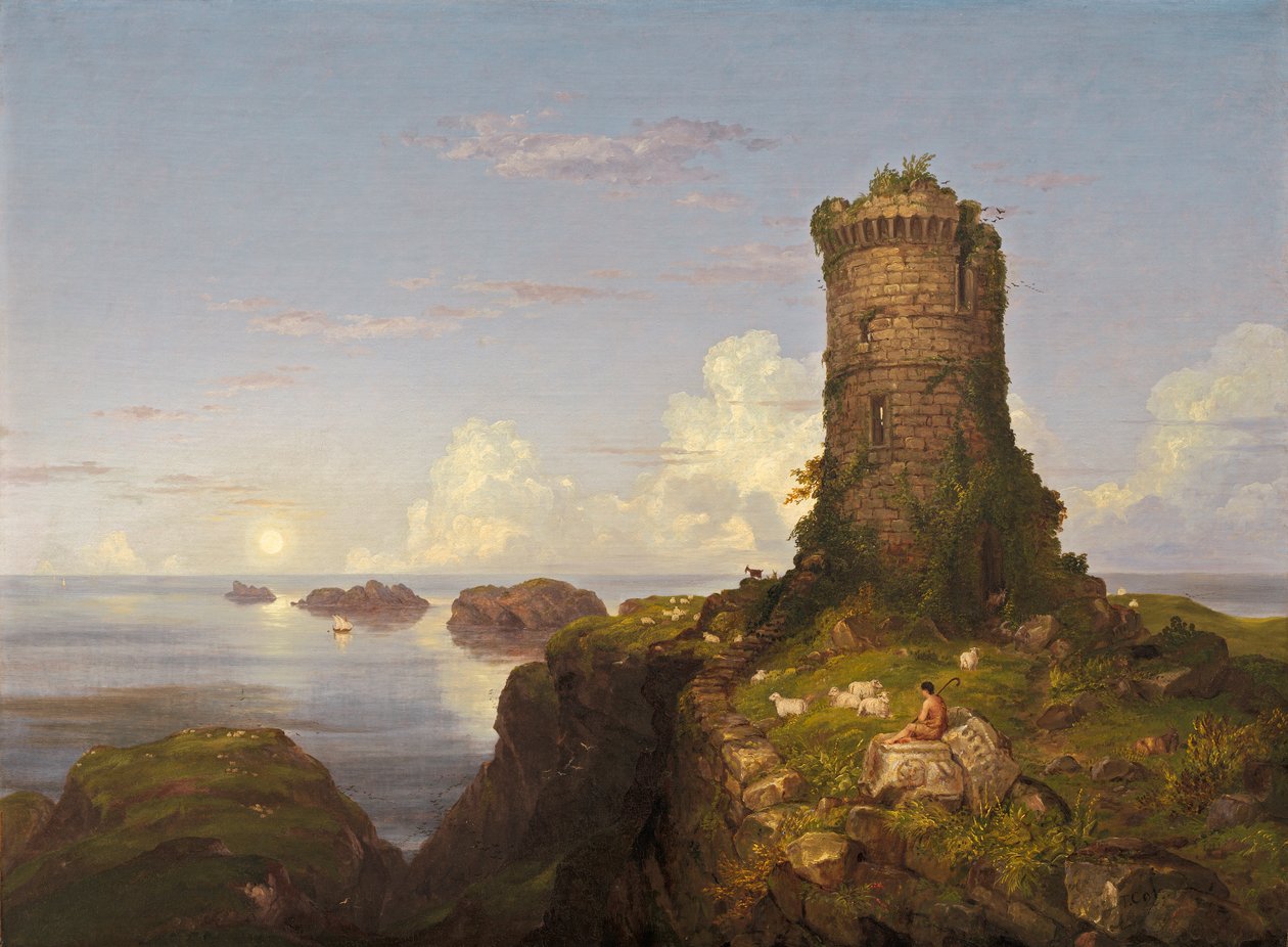 Scène de côte italienne avec tour en ruine - Thomas Cole