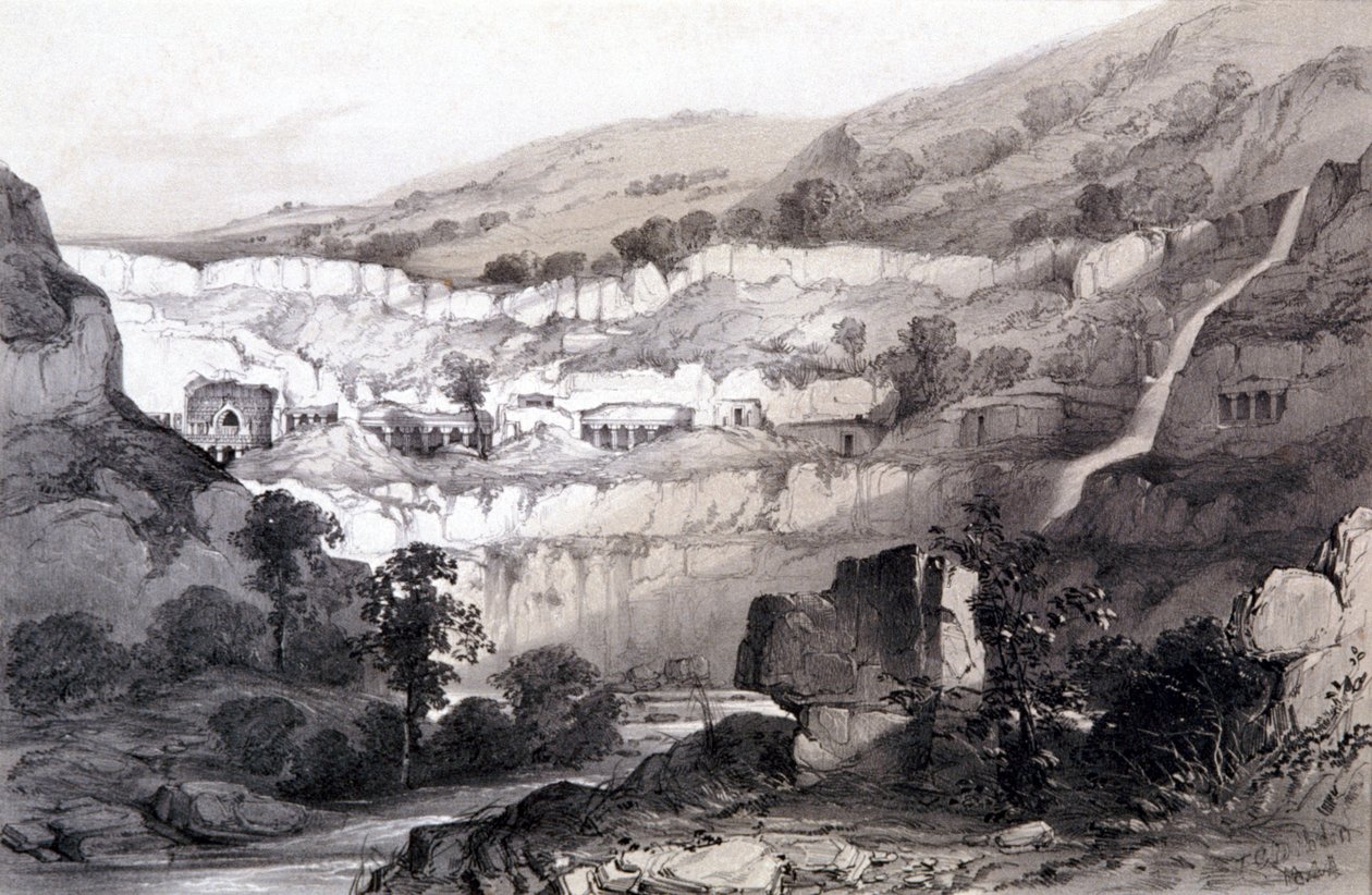 Vue des grottes, Ajunta, Inde, 1844 - Thomas Colman Dibdin