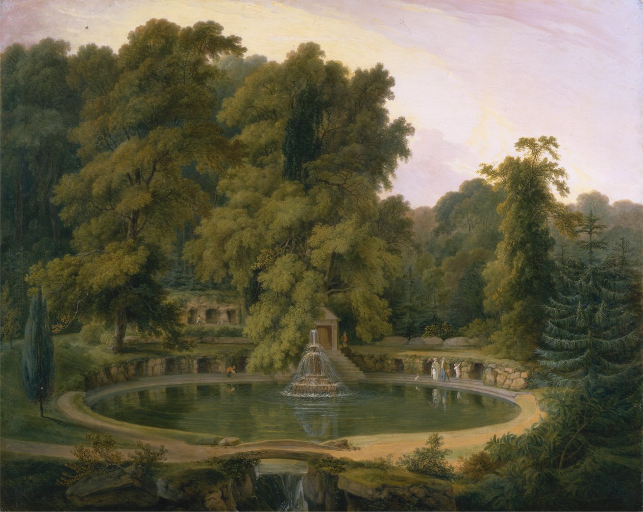 Temple, fontaine et grotte dans le parc de Sezincote - Thomas Daniell