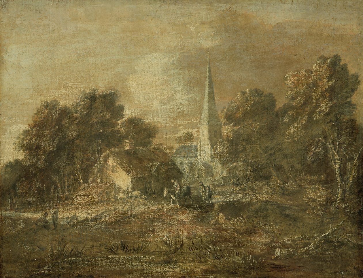 Paysage boisé avec scène de village - Thomas Gainsborough