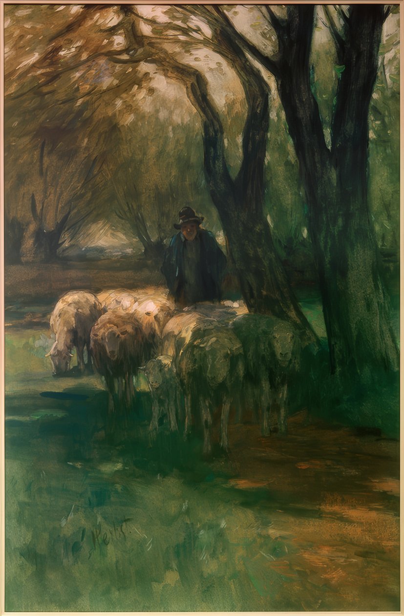 Troupeau de moutons sous les arbres - Thomas Ludwig Herbst
