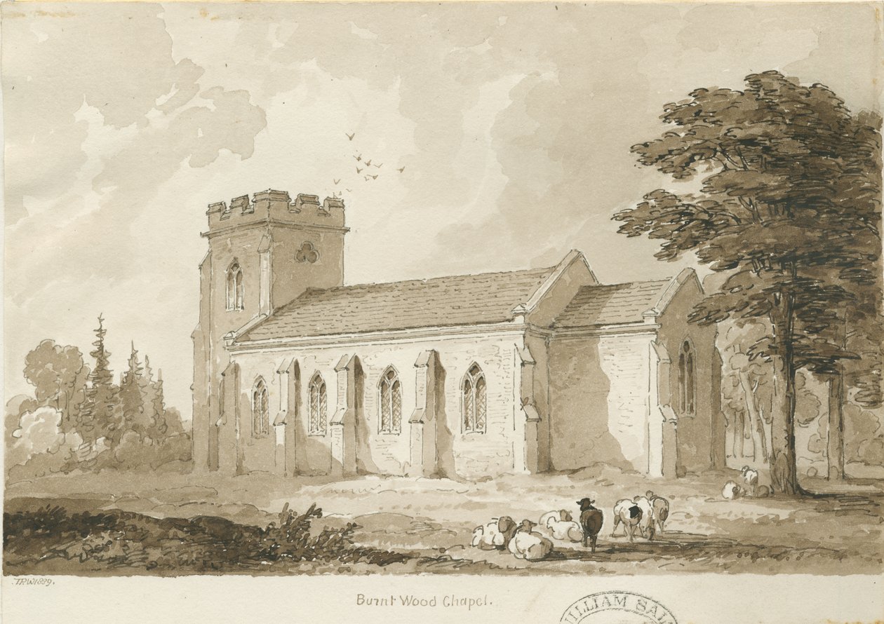 Burntwood - Église du Christ (dessin sépia) - Thomas Peploe Wood