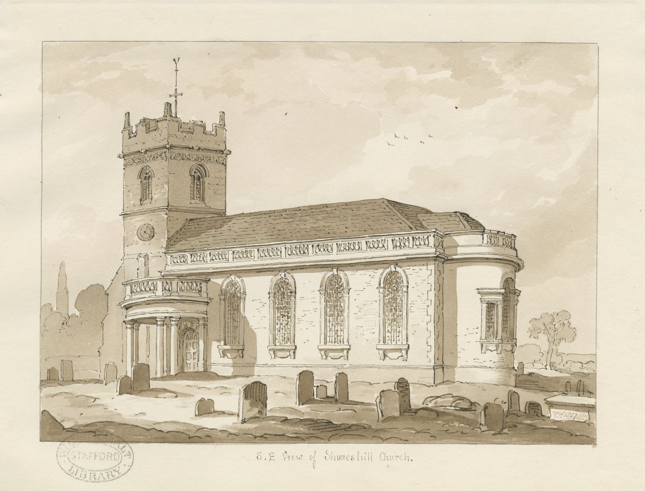 Église de Shareshill (dessin sépia, 1837) - Thomas Peploe Wood