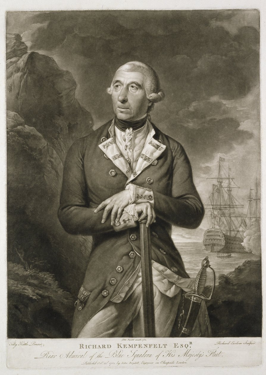 Portrait de Richard Kempenfelt (1718-82) contre-amiral du Bleu, gravé par Richard Earlom (1743-1822) pub. par John Boydell (1719-1804) 1782 - Tilly Kettle