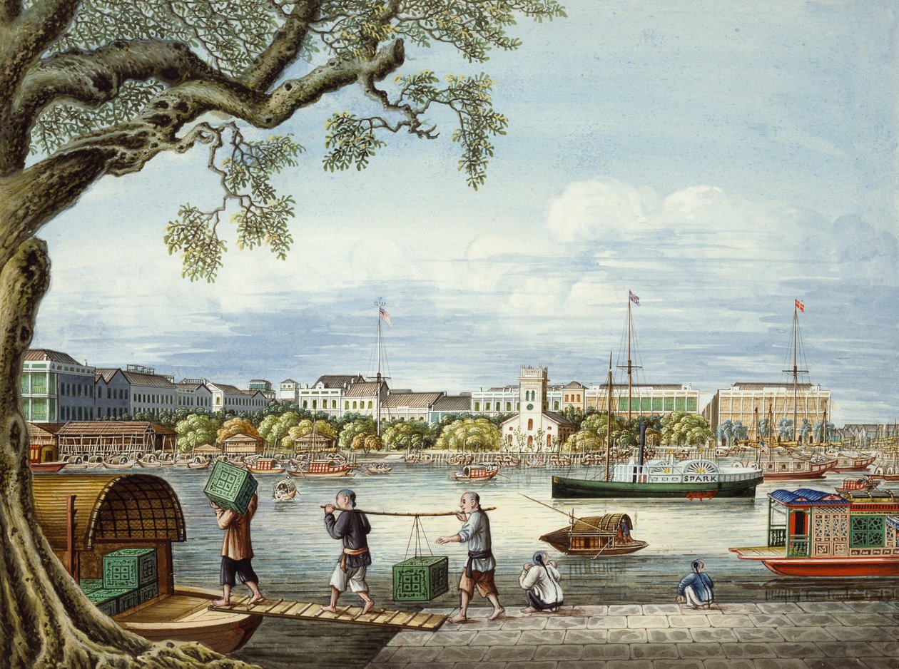 Les Hongs de Canton, vers 1852 (gouache sur papier) - Tinqua