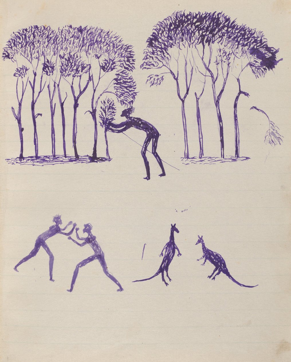 Peuple Kwatkwat - (Aborigène caché dans les arbres; combat; kangourous combattants) Carnet de croquis principalement des activités des Aborigènes... - Tommy McRae