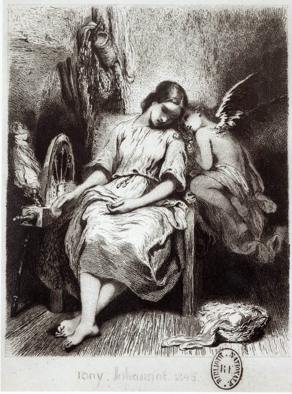 Une jeune femme somnolant avec un ange, illustration de 