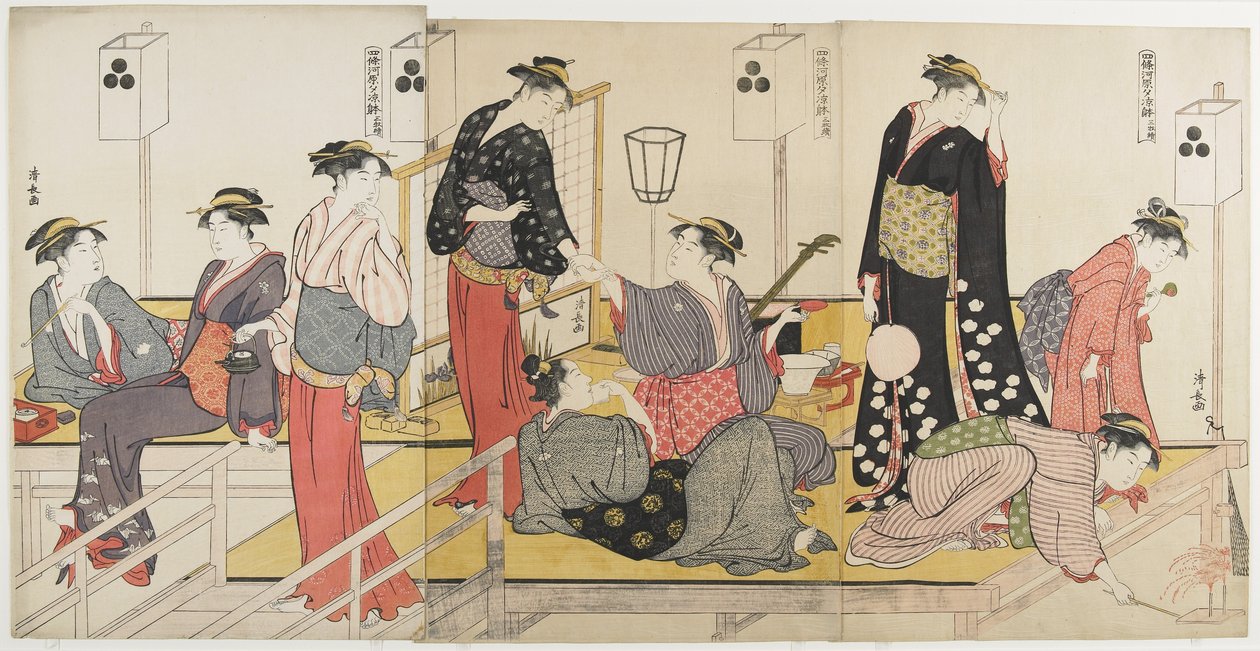 Triptyque de la fraîcheur du soir sur la rive de Shijo, 1784 - Torii Kiyonaga