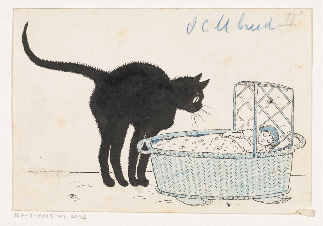 Chat regardant dans un berceau de poupée - Totie (signed by artist)