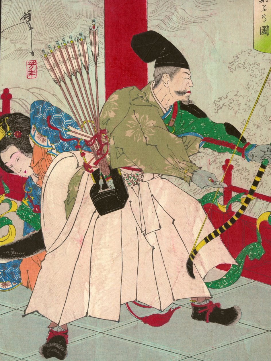 Watanabe no Tsuna, avec arc et flèches, au Palais du démon Ibaraki - Tsukioka Yoshitoshi