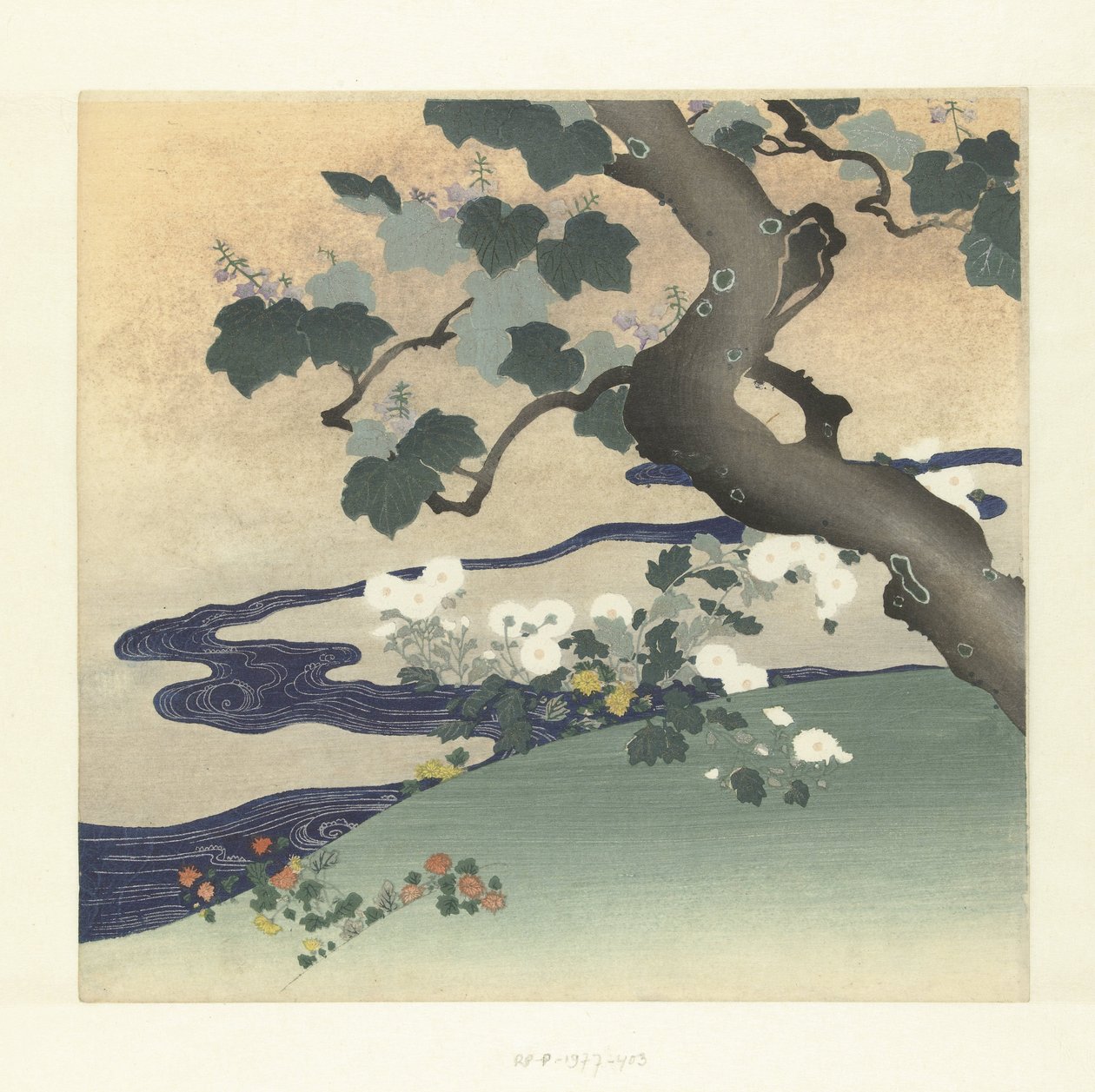 Arbre et chrysanthèmes - Tsukioka Kogyo