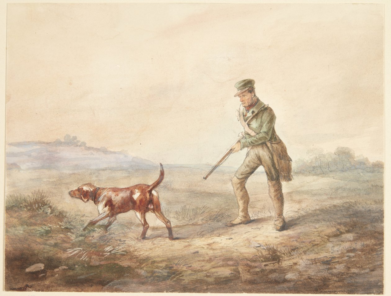 Paysage avec un chasseur et son chien - Ubekendt