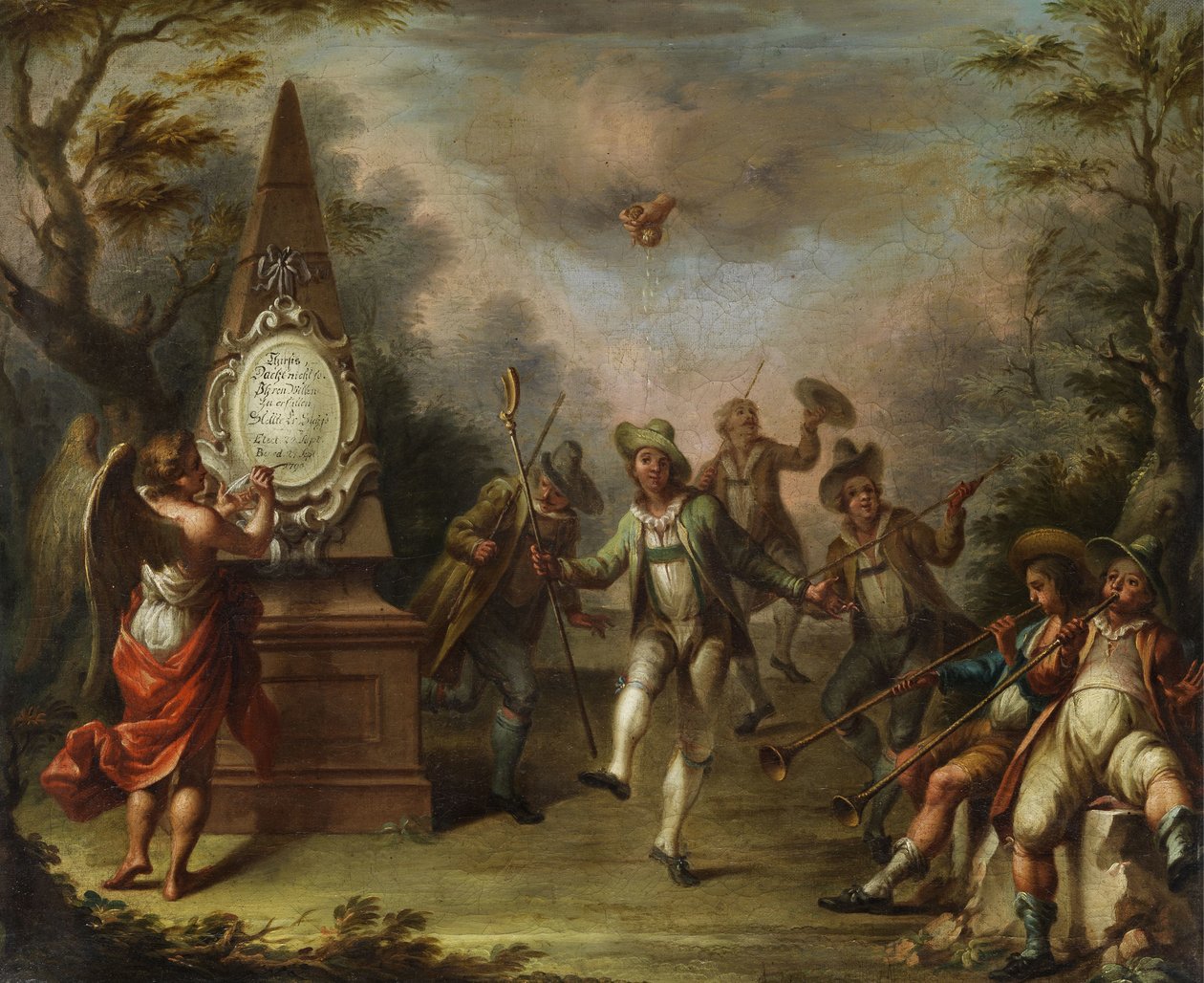 Scène rococo avec Thirsis dansant en cercle avec plusieurs compagnons en manteau vert avec bâton de berger - Unbekannt Unbekannt