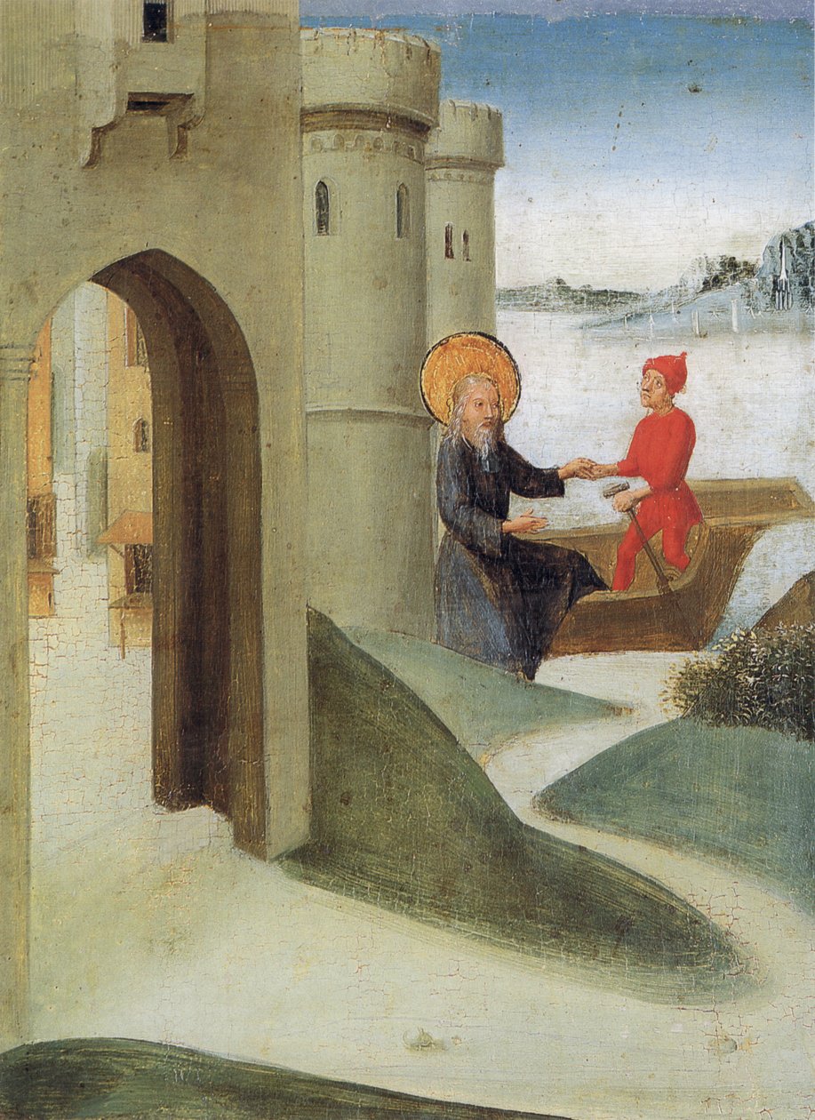 Weingartener Heilig-Blut-Tafel de 1489. Landesmuseum Württemberg, Stuttgart. Tafel 4: Longinus quitte Jérusalem et part en bateau pour l