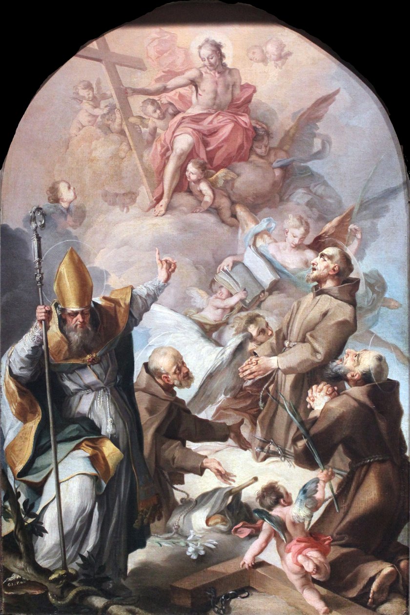 Trois saints capucins et un évêque adorant le Christ et la croix - Unbekannt Unbekannt