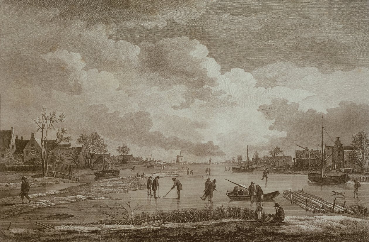 Hiver, golf sur glace, gravure sur cuivre par Van Drever, vers 1753 - Unbekannt Unbekannt