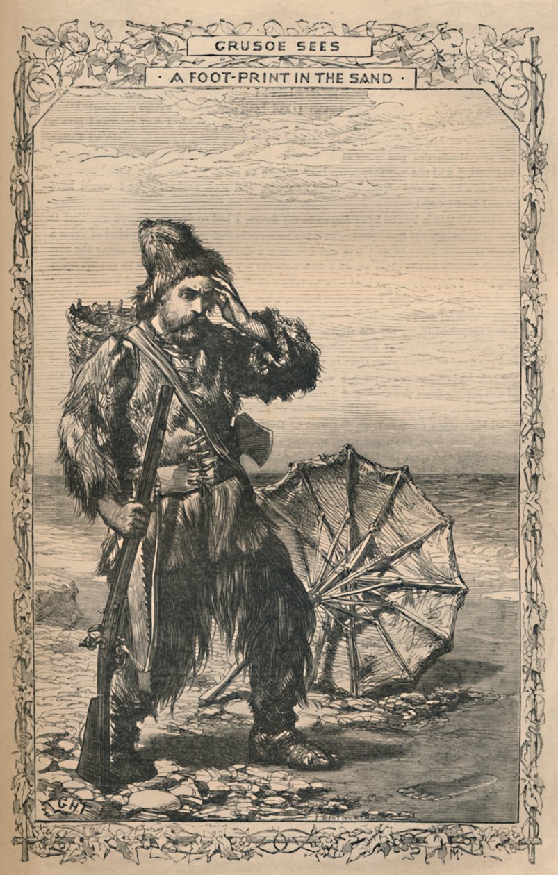 Crusoe voit une empreinte dans le sable, vers 1870 - Unbekannt