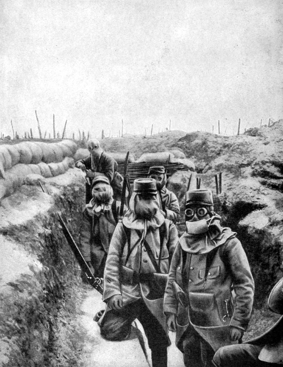 Soldats français avec des masques à gaz improvisés, 1915 - Unbekannt